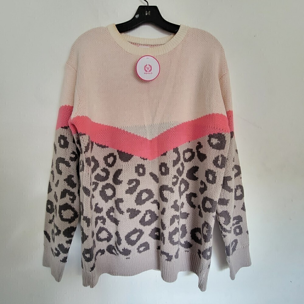 NEW Wanna B Animal Cheetah Print Knit Oversized Long Sleeve Sweater Size Small